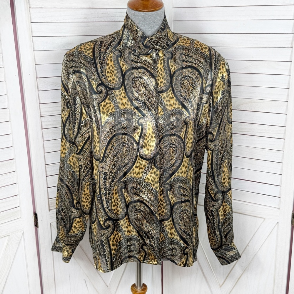 Vintage 80s‎ Tess Paisley Leopard Print Satin Mock Neck Blouse Black Tan Size 8
